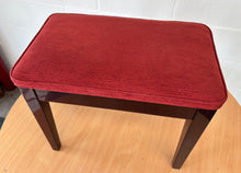 Load image into Gallery viewer, Polished black piano stool with red upholstered fabric top & storage