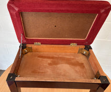Load image into Gallery viewer, Polished black piano stool with red upholstered fabric top & storage
