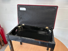 Load image into Gallery viewer, Polished black piano stool with red velour top & storage