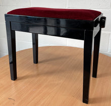 Load image into Gallery viewer, Black Polished Piano Stool with Red Velour and Height Adjustable