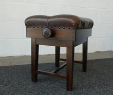 Load image into Gallery viewer, Premium Mahogany Height Adjustable Concert Piano stool With Chesterfield Style Brown Leatherette Top