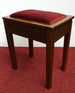 Small English Oak Antique Piano Stool With Red Velour Seat and Storage