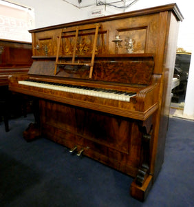 Seidel Upright Piano in Burr Walnut with Candlesticks and Floral Inlay