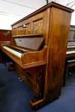 Load image into Gallery viewer, Seidel Upright Piano in Burr Walnut with Candlesticks and Floral Inlay