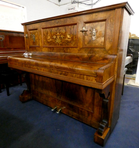 Seidel Upright Piano in Burr Walnut with Candlesticks and Floral Inlay
