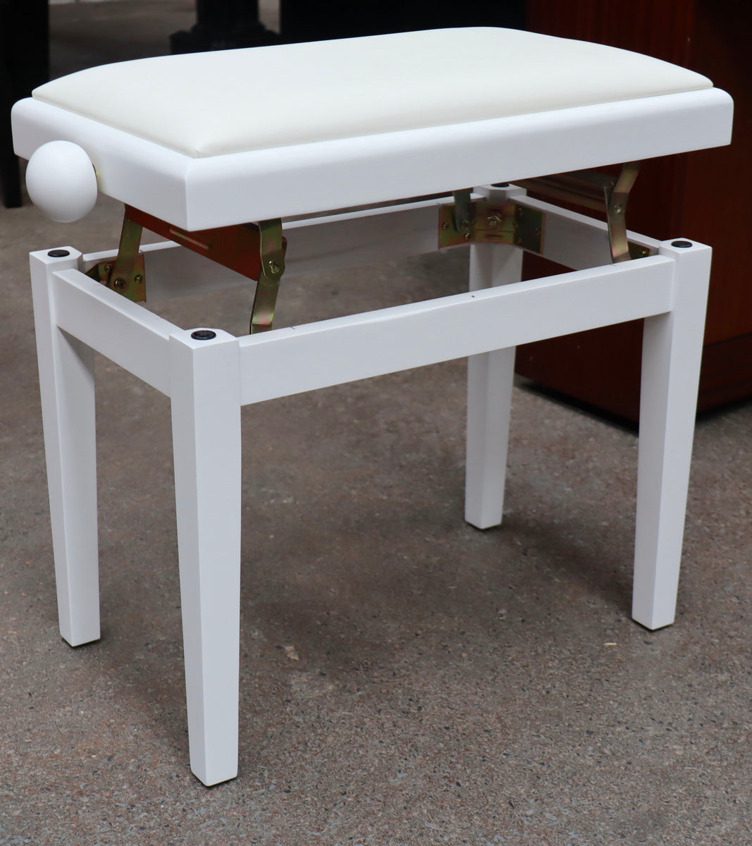 White Satin Height Adjustable Piano Stool With White Leatherette Top