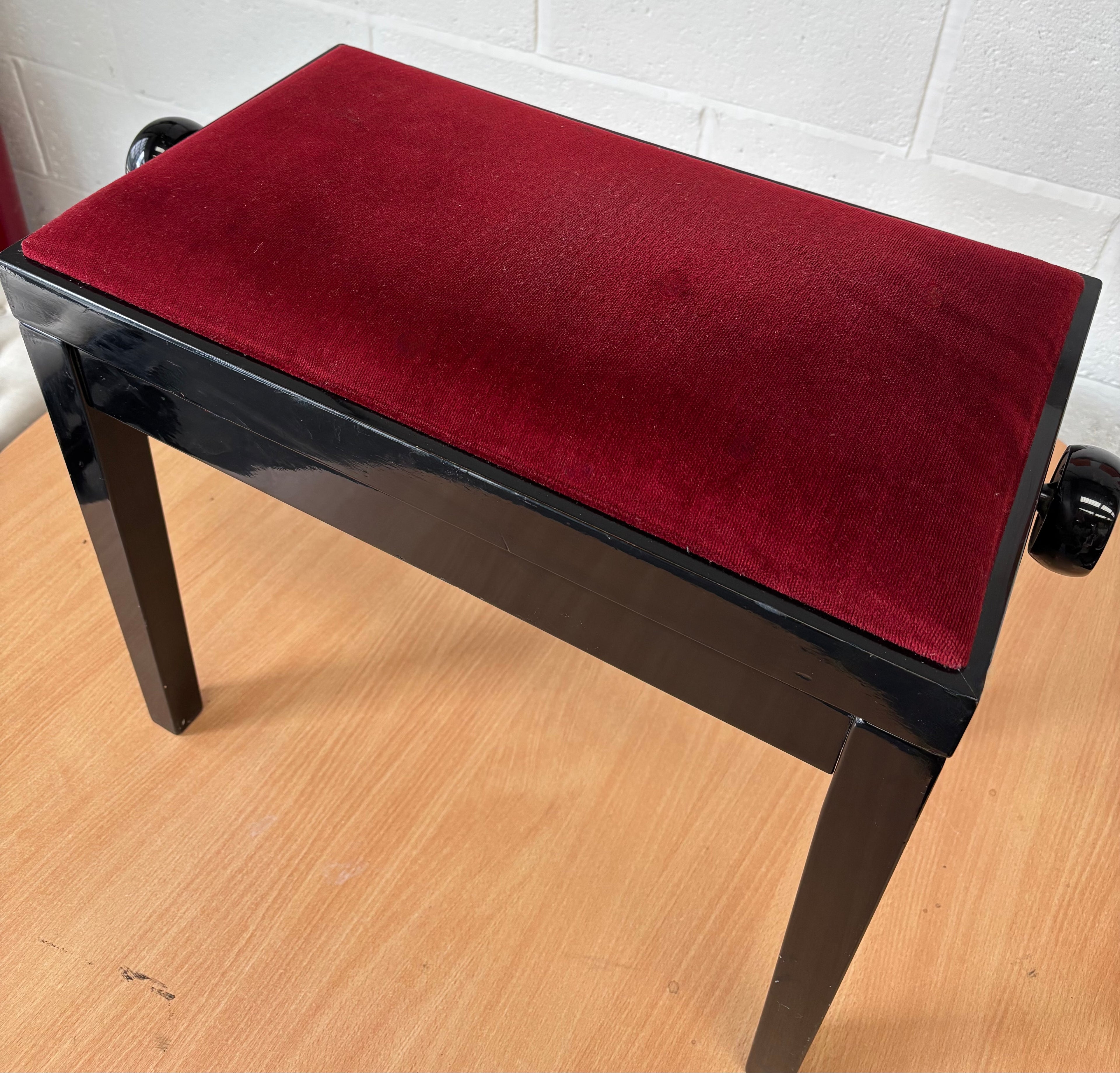 Black Polished Piano Stool with Red Velour and Height Adjustable