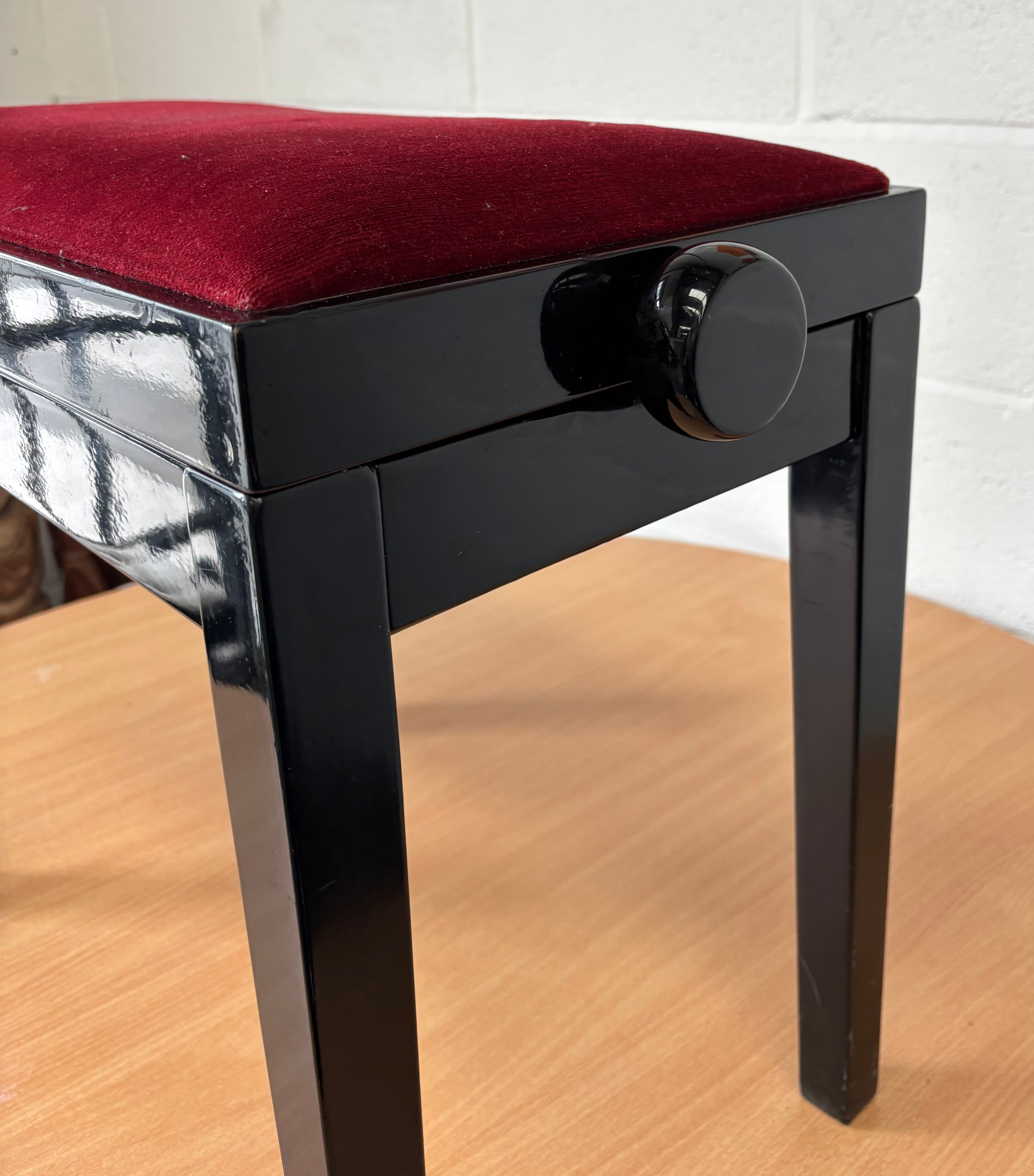Black Polished Piano Stool with Red Velour and Height Adjustable