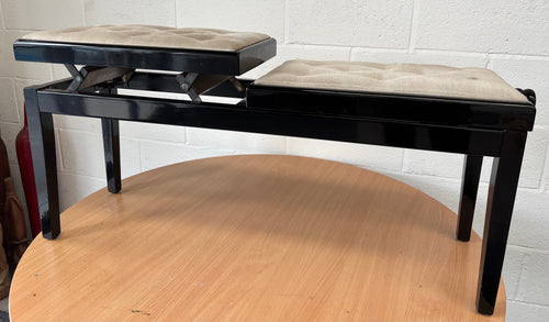 Black Polished Double Height Adjustable Piano Stool with Button Upholstered Top