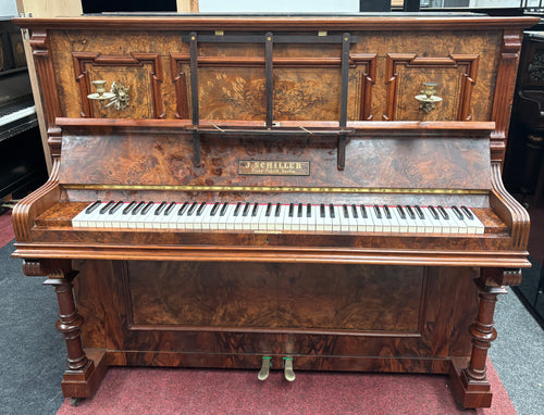 J Schiller Art Case Upright Piano in Burl Walnut