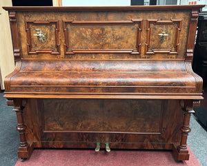 J Schiller Art Case Upright Piano in Burl Walnut