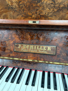 J Schiller Art Case Upright Piano in Burl Walnut