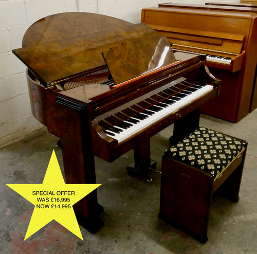 J. Strohmenger Baby Grand Piano With Half-Moon Lid in book matched burl walnut