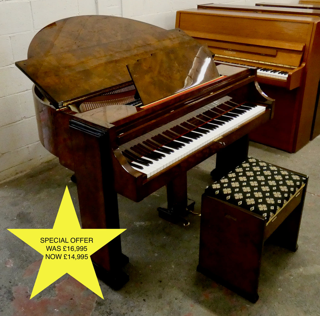 J. Strohmenger Baby Grand Piano With Half-Moon Lid in book matched burl walnut