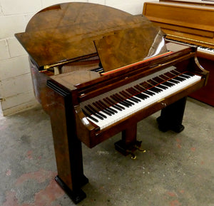 J. Strohmenger Baby Grand Piano With Half-Moon Lid in book matched burl walnut