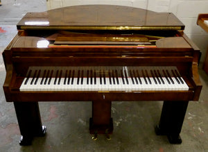 J. Strohmenger Baby Grand Piano With Half-Moon Lid in book matched burl walnut