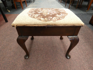 Mahogany Antique Piano Stool With Storage and Patterned Cream Top