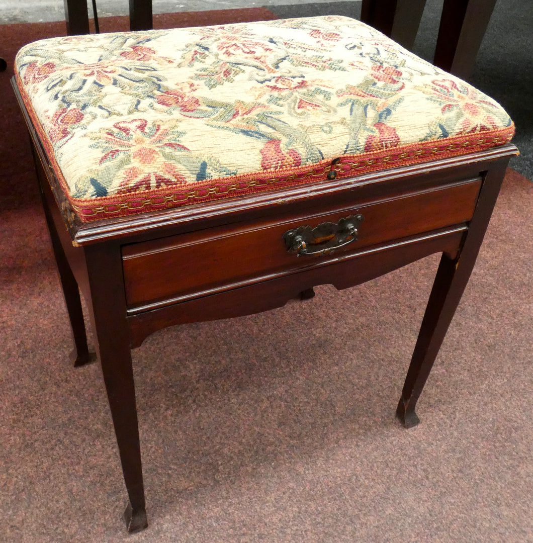Mahogany Antique Piano Stool With Patterned Cushion and Drawer