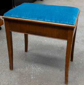 Antique Mahogany Piano Stool With Blue Velour Cushion And Storage