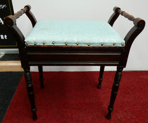 Mahogany Antique Piano Stool With Blue Patterned Velour Cushion and Storage