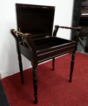 Load image into Gallery viewer, Mahogany Antique Piano Stool With Blue Patterned Velour Cushion and Storage