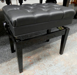 Height Adjustable Black High Gloss Piano Stool With Buttoned Leatherette Top and Storage