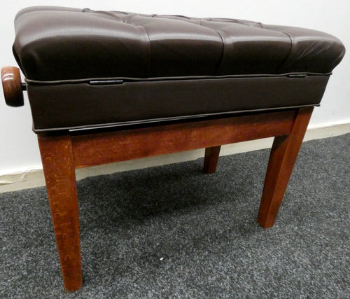 Cherrywood Polish Height Adjustable Piano Stool in Brown Leatherette Chesterfield Style Top