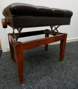 Cherrywood Polish Height Adjustable Piano Stool in Brown Leatherette Chesterfield Style Top