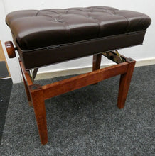 Load image into Gallery viewer, Cherrywood Polish Height Adjustable Piano Stool in Brown Leatherette Chesterfield Style Top