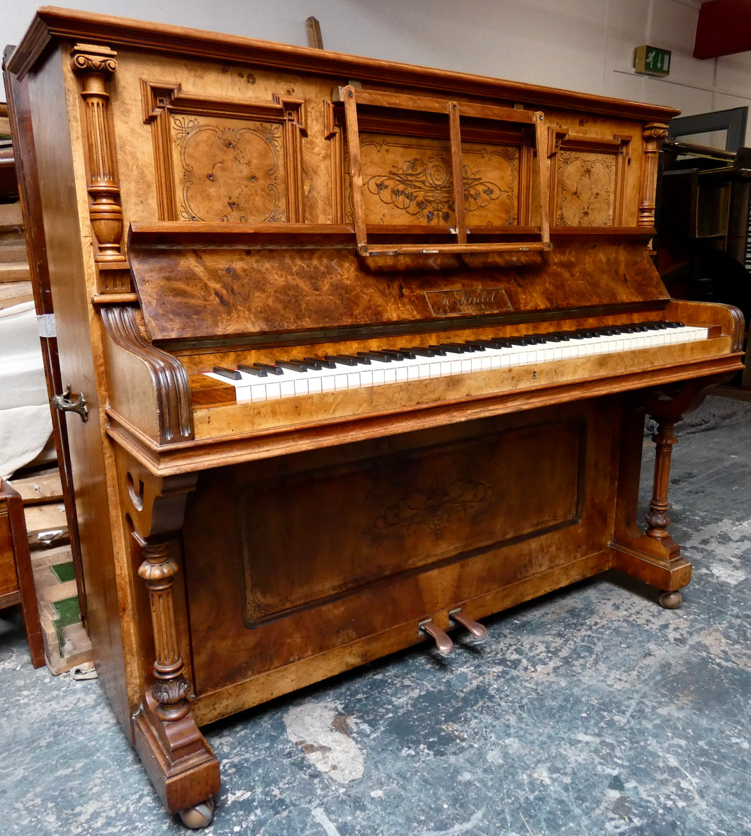 H. Kriebel Antique Upright Piano in Burr Walnut Cabinetry