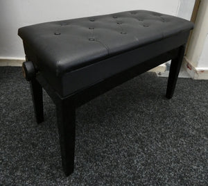 Black High Gloss Height Adjustable Piano Stool With Storage and Buttoned Leatherette Top