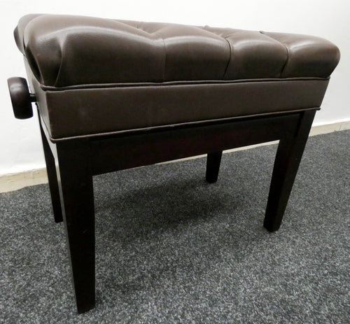 Mahogany Height Adjustable Piano Stool in Brown Leatherette Chesterfield Style Top