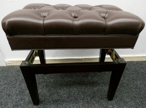 Mahogany Height Adjustable Piano Stool in Brown Leatherette Chesterfield Style Top