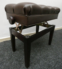 Load image into Gallery viewer, Mahogany Height Adjustable Piano Stool in Brown Leatherette Chesterfield Style Top
