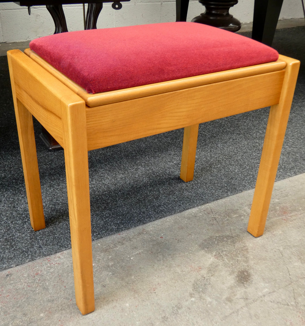 Ash Wood Piano Stool With Red Velour Top and Storage Compartment