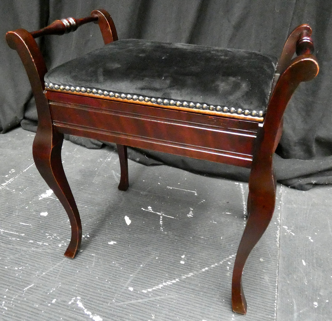 Polished Mahogany Antique Piano Stool With Storage and Studded Black Velour Top