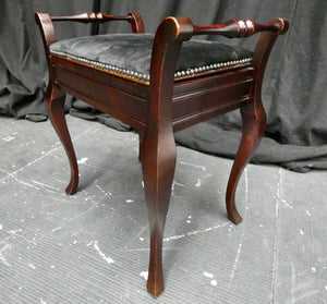 Polished Mahogany Antique Piano Stool With Storage and Studded Black Velour Top