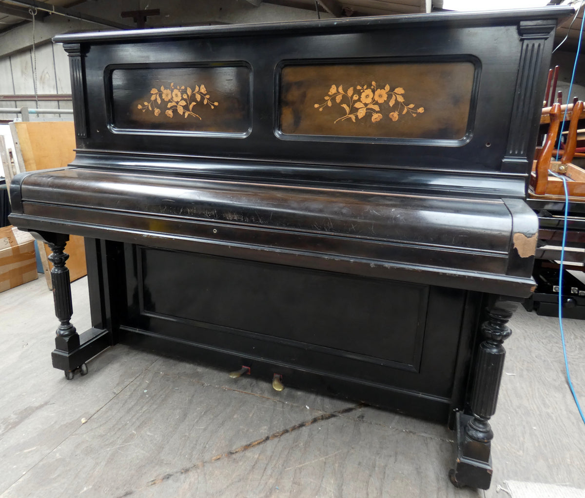 Steinway & Sons Antique Upright Piano in Ebonised Finish With Floral I ...