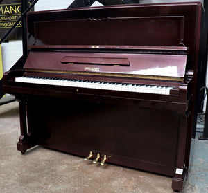 Dresden Upright Piano in Plum Mahogany Cabinet