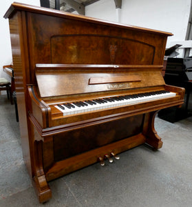  - SOLD - FR Helmholz Upright Piano in Burl Walnut Cabinet with Inlay