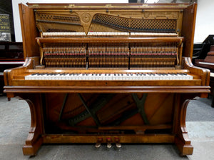  - SOLD - FR Helmholz Upright Piano in Burl Walnut Cabinet with Inlay
