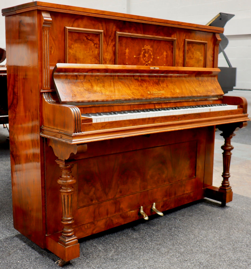  - SOLD - W. Finnimore Upright Piano in Burl Walnut Cabinet