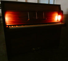 Load image into Gallery viewer, W.H. Barnes Art Deco Ships Upright Piano in Oyster Mahogany with Electric Lamps